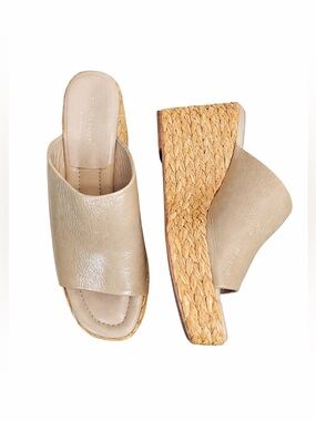 Paloma Barcelo Lipo Raffia Platform Wedge Sandals 40 Leather Slides Neutral